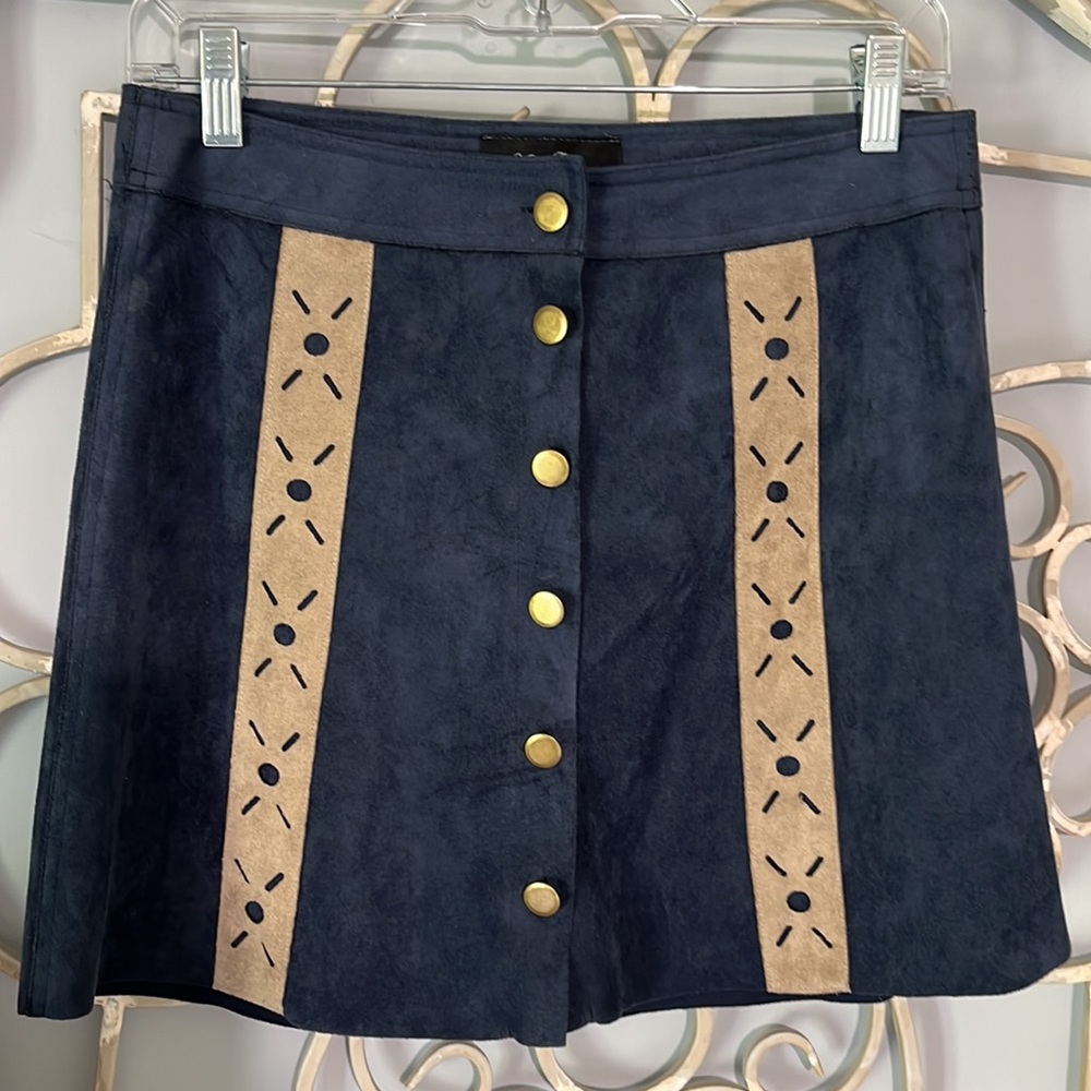 Western Faux Suede A Line Skirt Navy Blue Cowboy Anna Grace Womens Small Mini - Picture 2 of 9